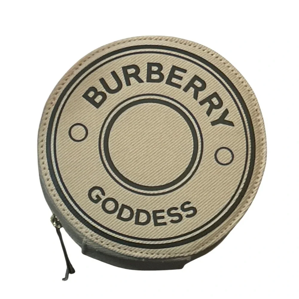 Burberry Goddess Round Canvas Cosmetic Pouch Off-White Gold Zipper Case